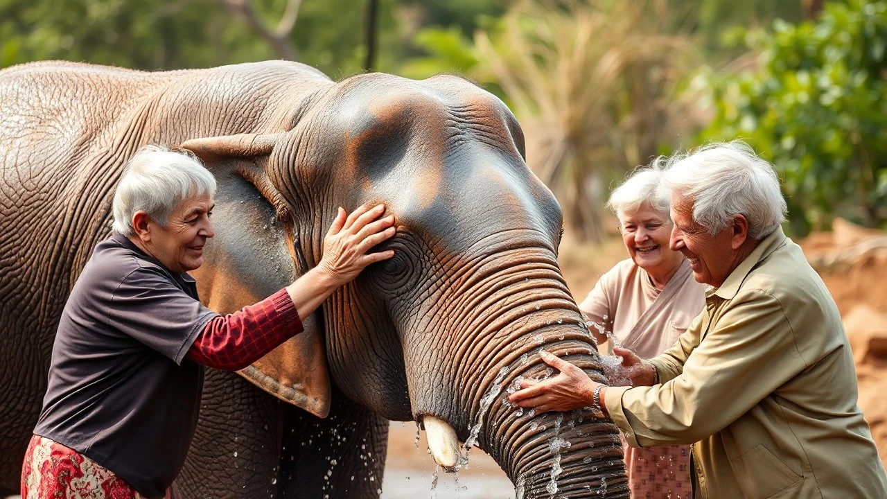 Elderly pensioners washing an elephant. Everyone is happy. Photographic quality and detail, award-winning image, beautiful composition.