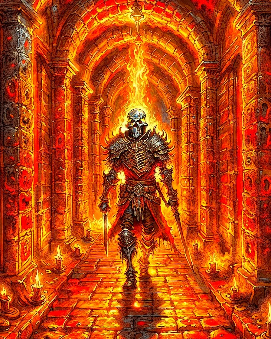 A frightening castle dungeon hallway with a skeleton warrior in rusty chainmail holding a burning torch painterly rpg art