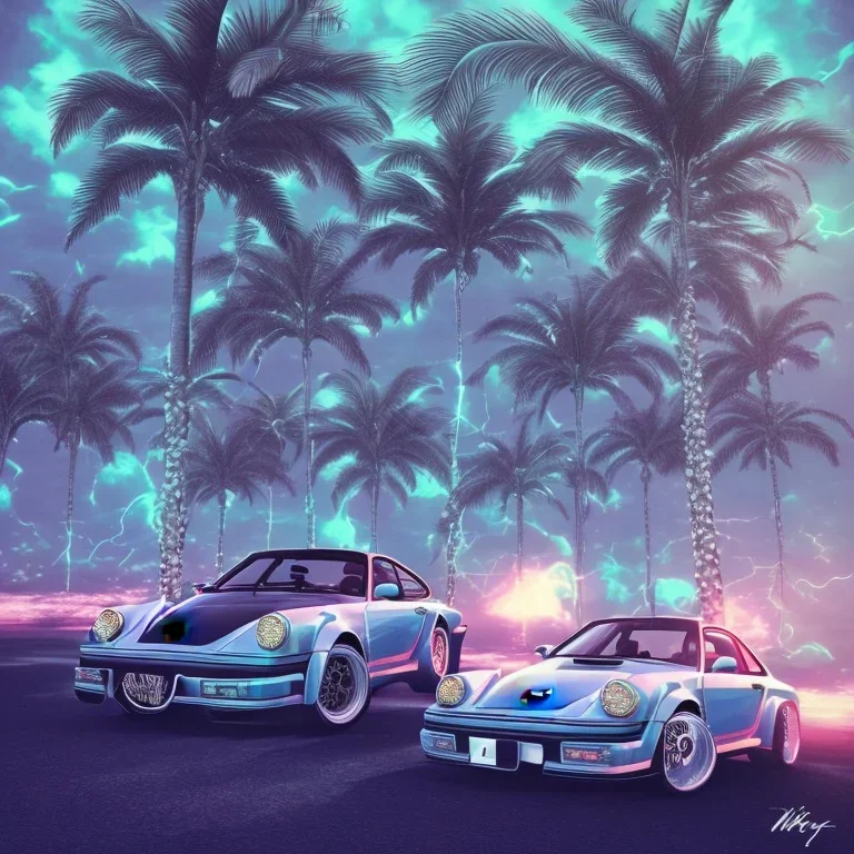 1980's aesthetic vaporwave palm trees and spheres and Porsche with lightning