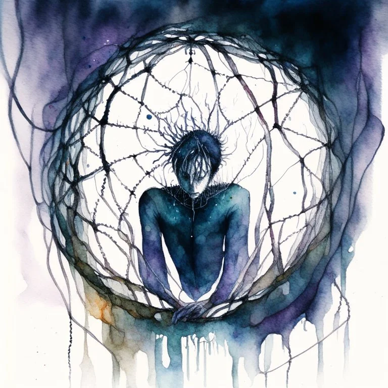 create a watercolour painting, This artwork portrays a drug addict trapped in a web of their addiction, with the substance depicted as dark tendrils ensnaring their mind. However, amidst the darkness, their thoughts manifest as fantastical creatures trying to break free. Each creature represents a different aspect of their personality and desires, all struggling to find liberation from the clutches of addiction.