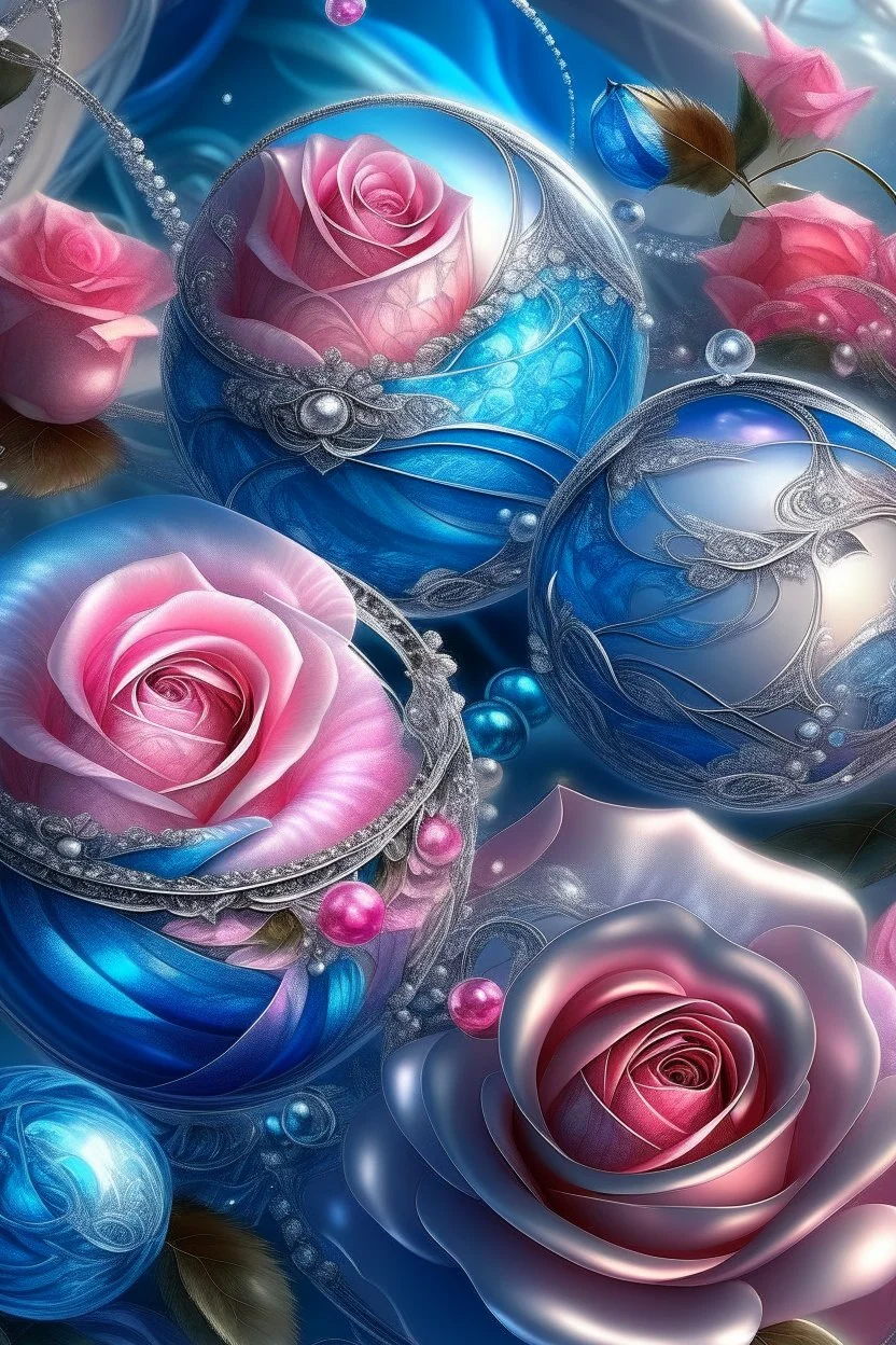 MAGIC ROSE balls,gusts of wind,spiral, patterns ,silver pink blue, composition,flowers,pearls, silk,colored ribbons ,realistic,macro,delicate colors grace, transparent,aesthetically pleasing,hyper detailed,unusual,combination is extremely beautiful,drawing details ,magic,aesthetics, bright light, clarity,fantastically,,close-up, filigree,pastel,watercolor,detailed drawing..,hyperdetalization,surrealism,glitter,5d ,transparent details,futuristic,best quality.