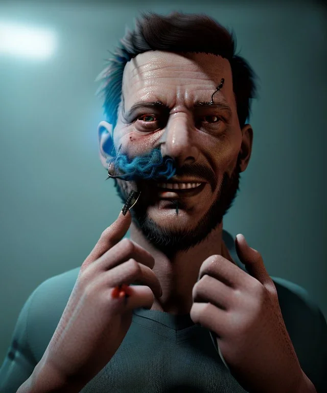 Realistic image, waist up view, a guy making the fuck you gesture with his hand, blue smoke coming out of his eyes, nose and mouth. Happy, smile, soft color, highly detailed, unreal engine 5, ray tracing, RTX, lumen lighting, ultra detail, volumetric lighting, 3d, finely drawn, high definition, high resolution.