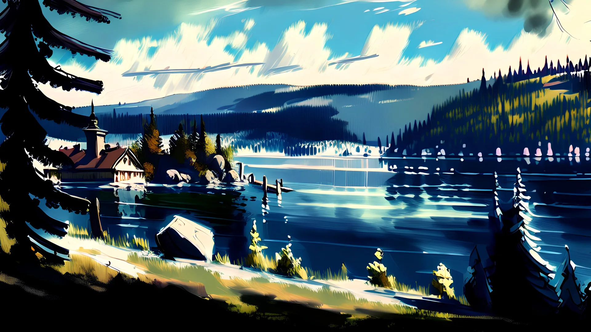 Couer D Alene lake drawn in rpg painterly art style