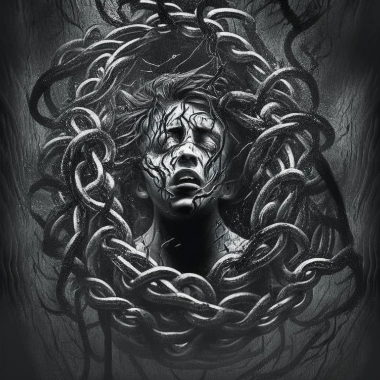 Generate an image that depicts a person trapped in the clutches of addiction, with visual elements symbolizing the allure and dangers of substance abuse, such as dark shadows, chains, or swirling vortexes.