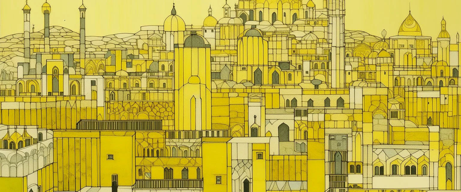 A light yellow Arabian city with a palace painted by Piet Mondrian