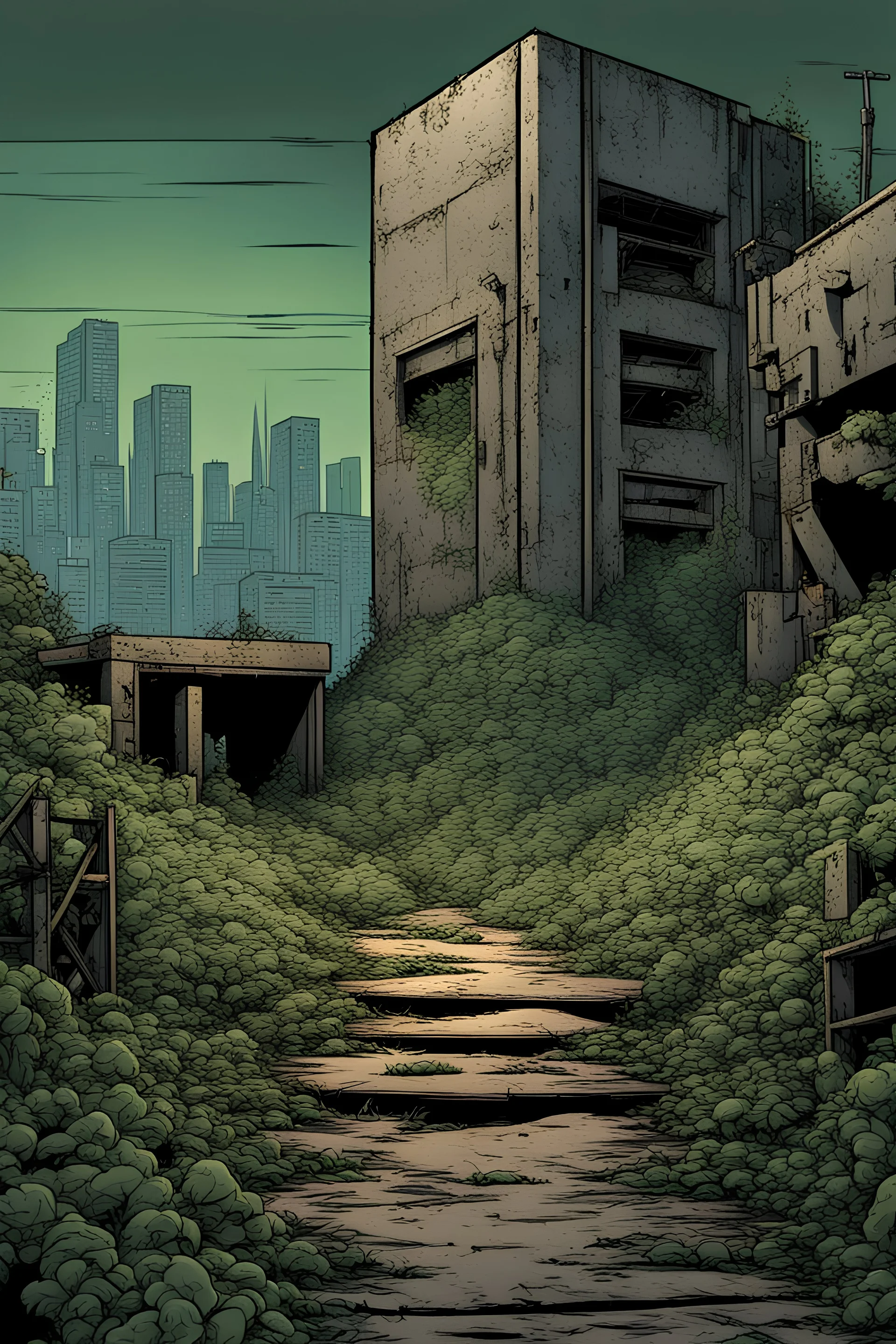 Bunker entrance on top of the ground, overgrown apocalyptic city background,comic art