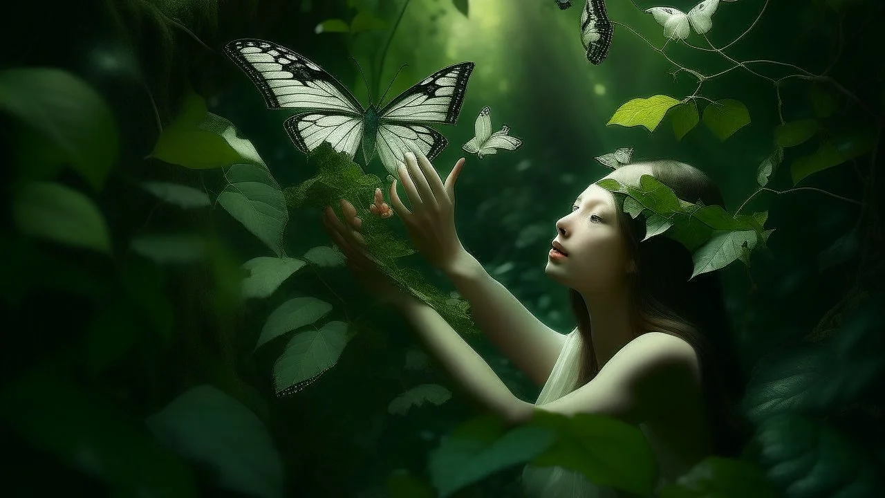 A woman emerges from dense foliage, her arms raised high, hands grasping a single white butterfly. The greenery envelops her, a lush tapestry of leaves and branches, while the butterfly delicately perches on her fingertip. The scene is a blend of nature's serenity and the ethereal beauty of the butterfly, creating a sense of tranquility and harmony.