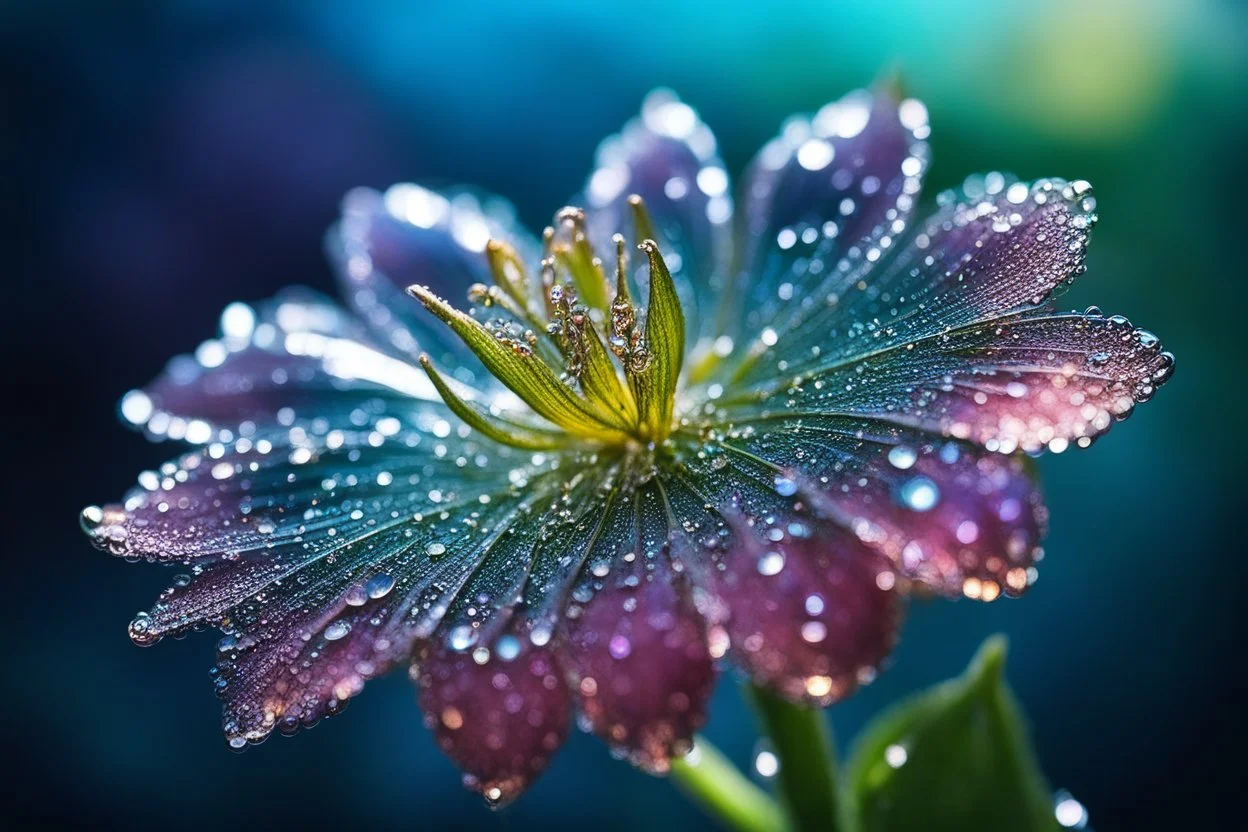 spring dew, macro photo, sparkling magical fantasy, glass flower dewdrop, very detailed, amazing quality, etheral, intricate, cinematic light, highly detailed, beautiful, epic, galaxy fantasy colors, stunning