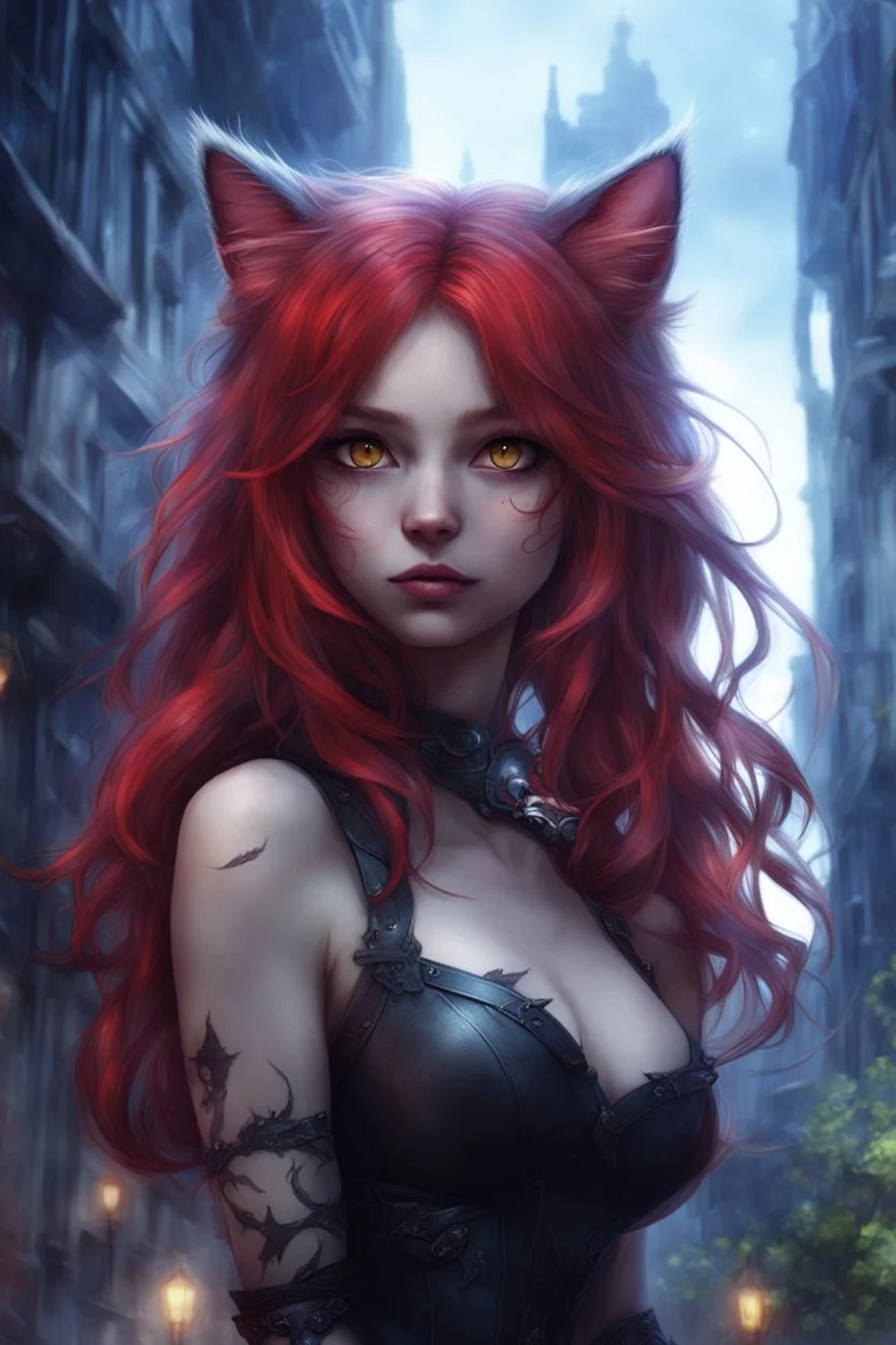 CAT GIRL, FANTASY, VINES, SOULLESS, FLUFFY TAIL, RED HAIR, METAL, CITY