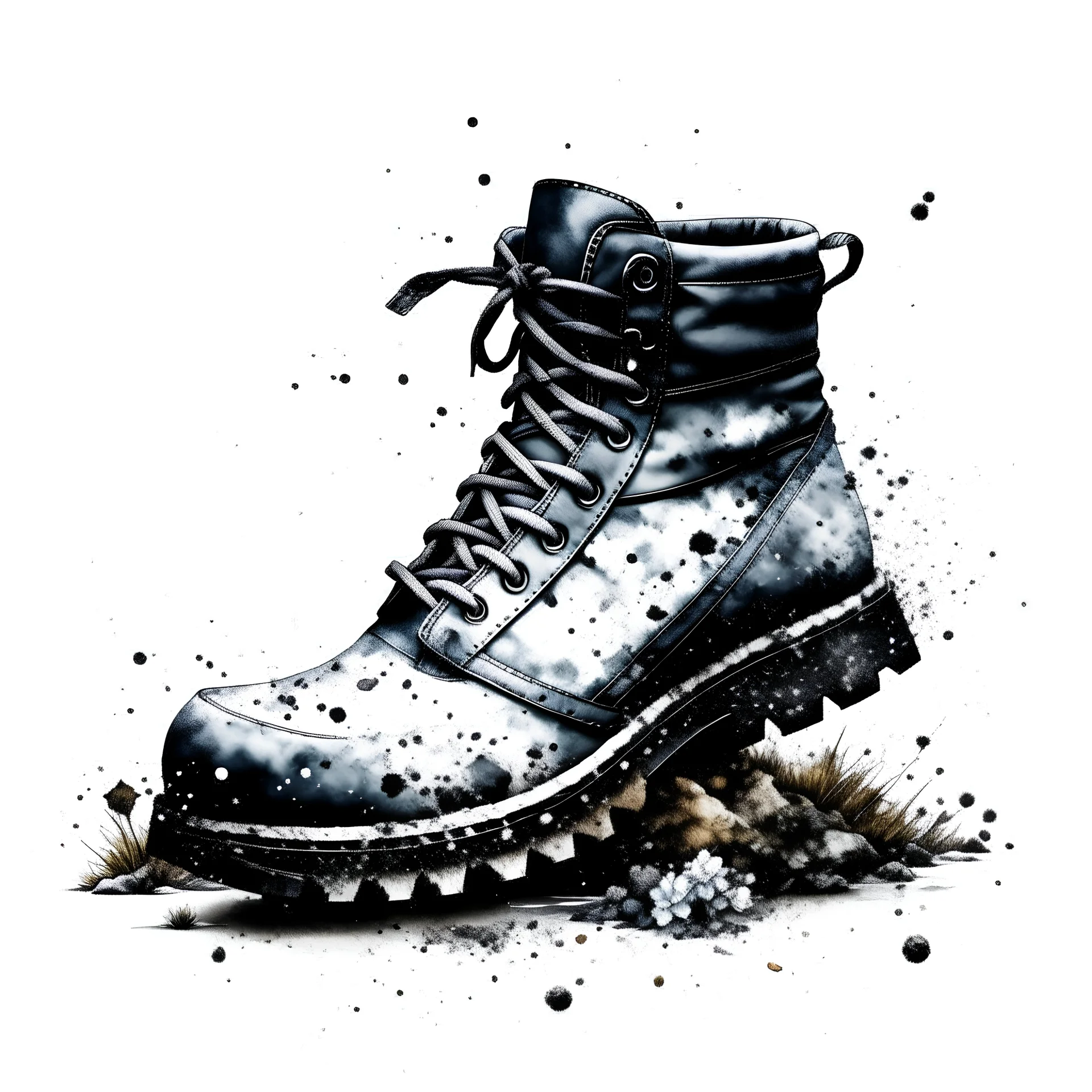 trekking boots ink splot surrounded by elements of nature also in ink splot