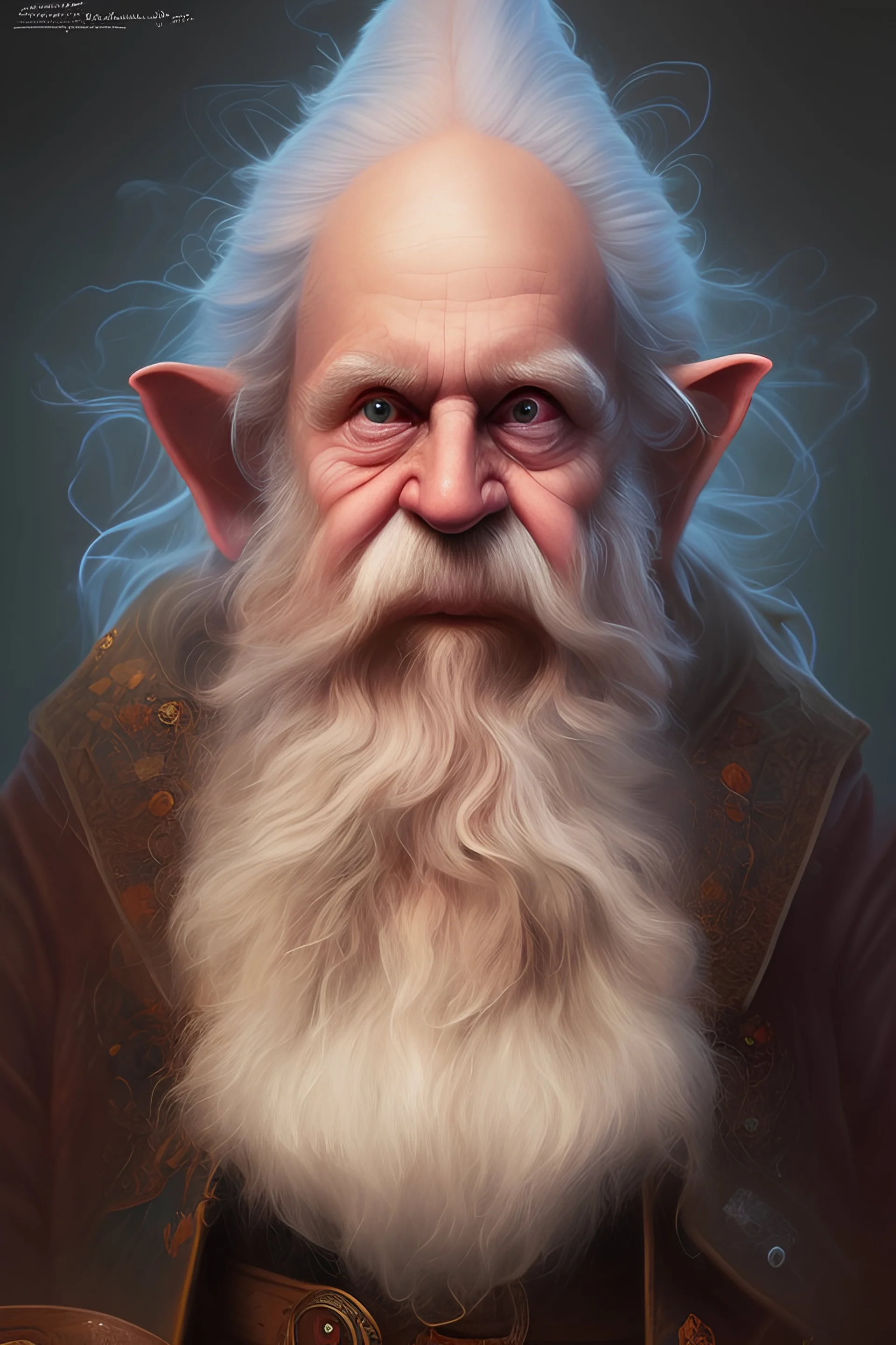 Hyper realistic 200 years old gnome wizard, hand drawing painting by brom