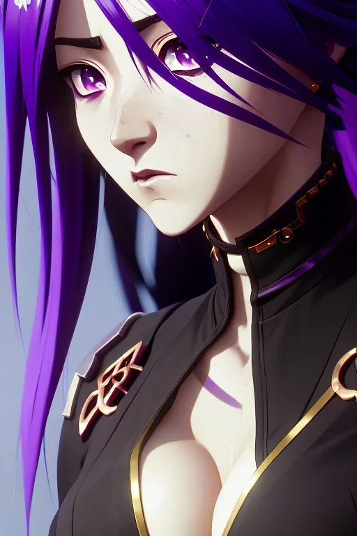 Detailed cute anime Kunoichi girl, purple hair buns, purple bangs, black latex bodysuit, intricate details, full body portrait, keep head in frame, slight smile, black Japanese motif, concept art, highly detailed, digital painting, concept art, sharp focus, illustration, art by Yoji Shinkawa, WLOP and greg rutkowski and alphonse mucha and artgerm and yanjun Chen and Junji ito and Makoto Shinkai, HDR, octane render