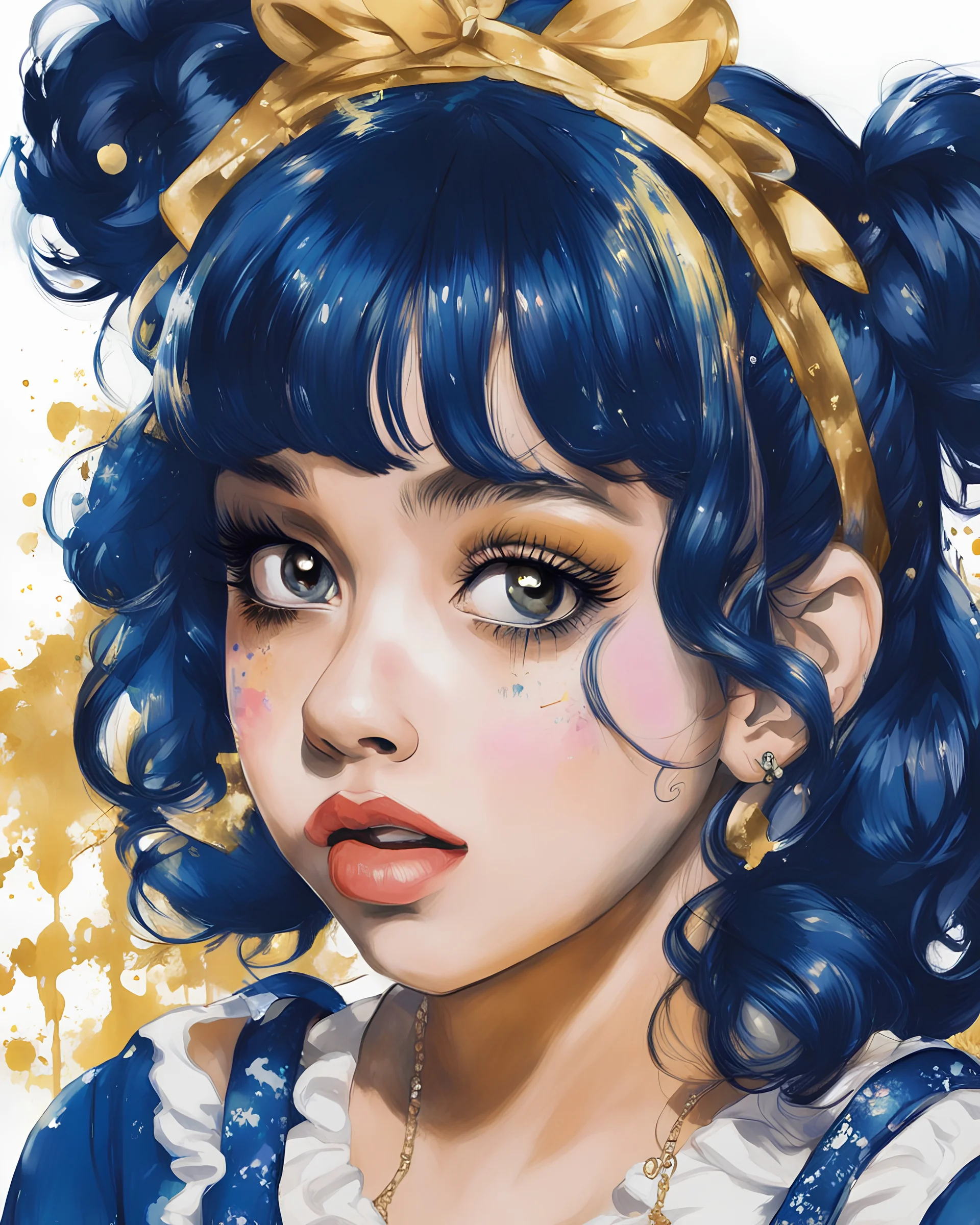 Singer Melanie Martinez face, poster in two gradually, painting by Yoji Shinkawa, a one side darkblue and other side gold tones,