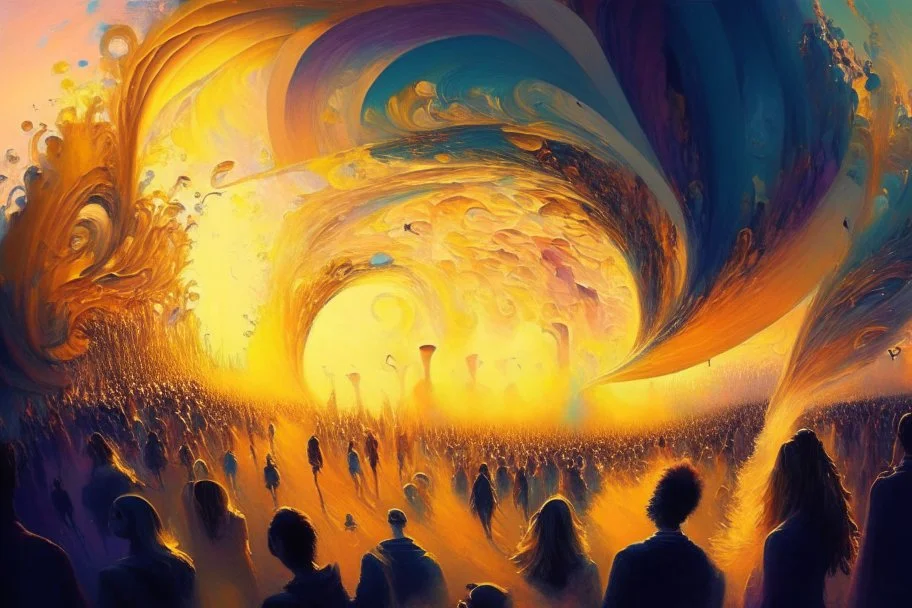 Crowd of people each painting magical swirls of colourand soundin the air with paintbrushes,surreal,golden hour