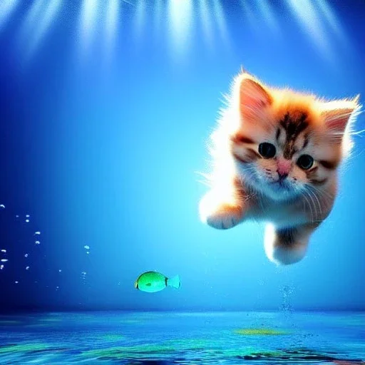 Cute fluffy kitty diving underwater in an ocean, lots of fishes, gorgeous light shafts, beautiful, colorful, happy