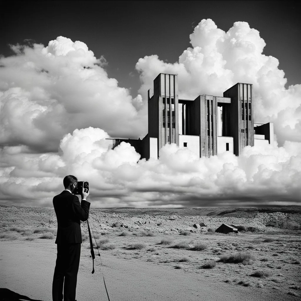 landscape ,minimal ,Photo with an old analog camera. Black and white. Part of a strange dream. white clouds wide plain The big building between them. like pink floyd landscape ,Abandoned factory ,from a weird dream captured with the first model of dreamrecorder by gnom industries inc