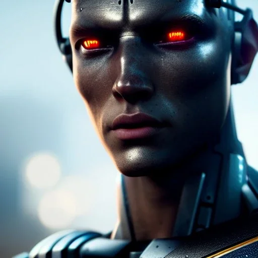 high definition cyborg, 4k, male, sad, tear, ultra high definition, finely tuned detail, unreal engine 5, octane render, ultra realistic face, detailed make-up, detailed hair, detailed metals, use dynamic palette, accurate proportions, high contrast, black smokey bokeh background