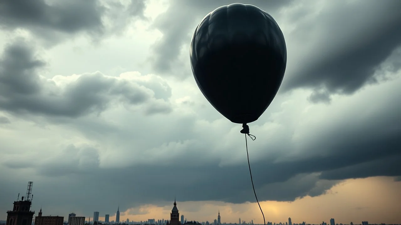one bursts big black party balloon on sky, high realistic, storm, gloomy, surreal, little city, ruins, professional photo, cinematic, utopistic