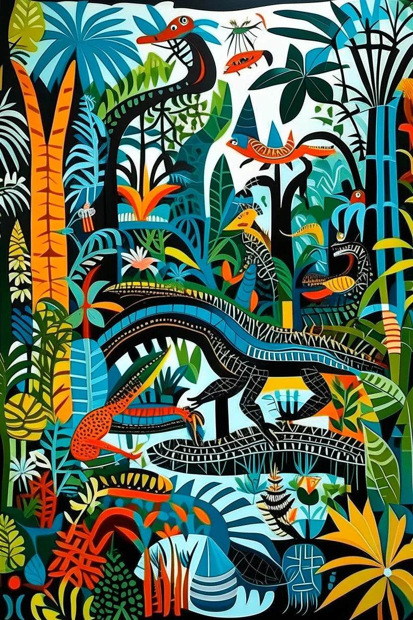 A black mysterious jungle with crocodiles designed in Oaxacan alebrijes painted by Stuart Davis