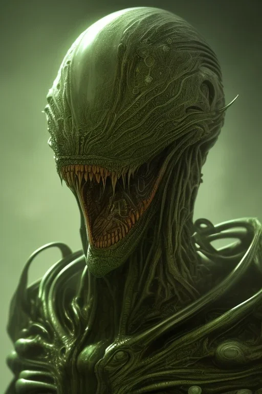 green alien, head, evil, red eyes, big silver teeth, weapons, blood, 8k, finely detailed, photo realistic, HR Giger style