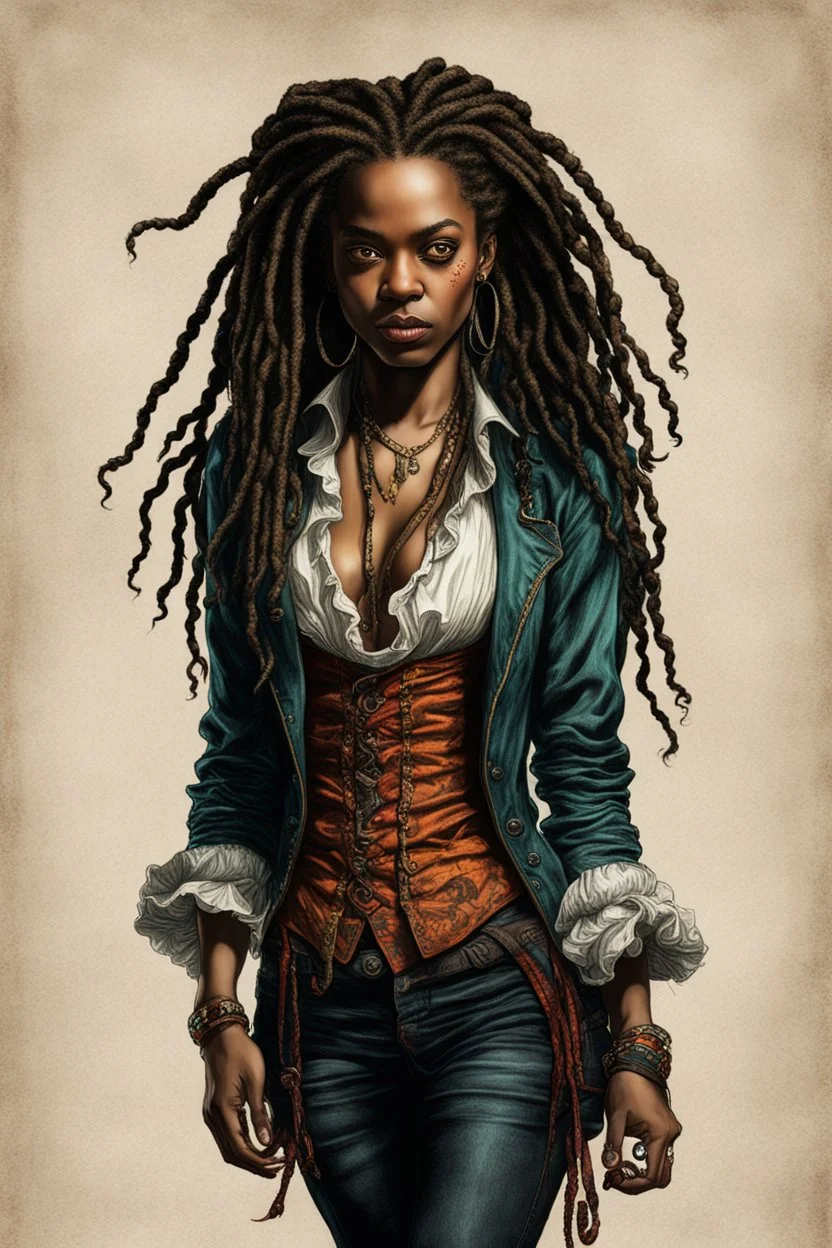 full body colored etching of a malevolent, predatory vampire buccaneer girl from the West Indies with highly detailed dreadlock hair and facial features ,in the style of Rembrandt, Gian Lorenzo Bernini, and Johannes Vermeer, with a fine art aesthetic, highly detailed , realistic , 4k UHD