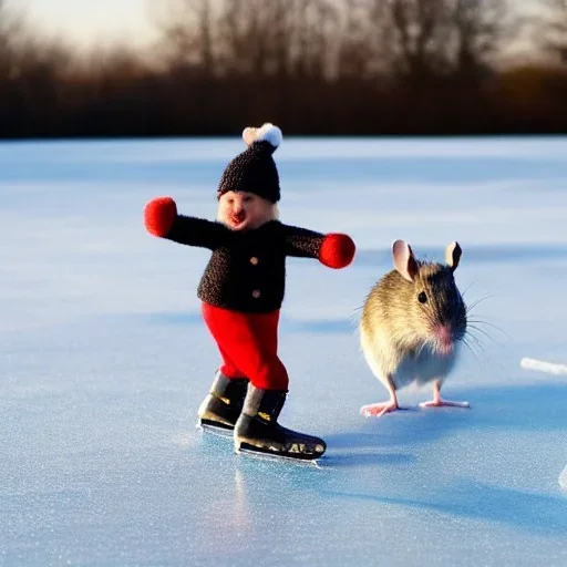 Mouse skating on a frozen pond in the countryside