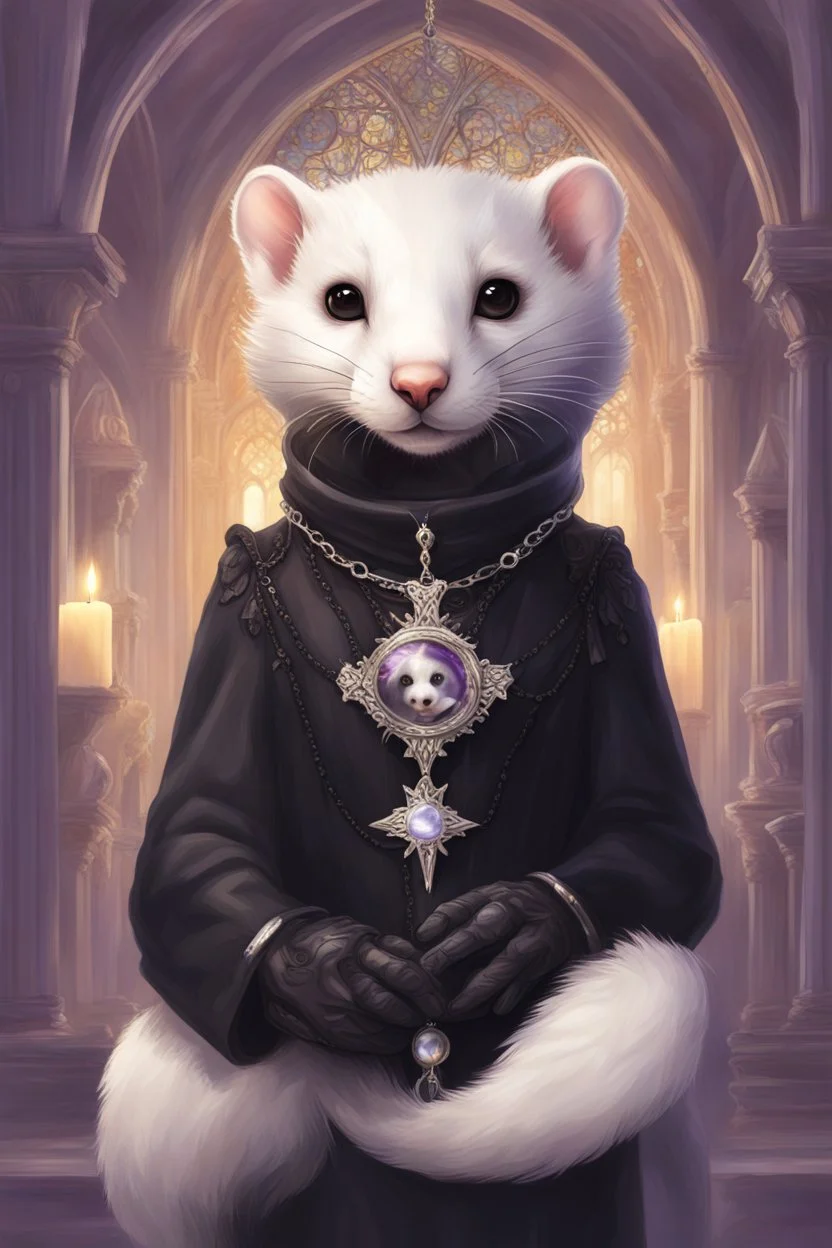 (anthropomorphic white ferret),dressed in ((cleric fantasy)) black clothes with silver holy ornaments, realistic anatomy, posing, cute face, fantasy inspire, fantasy church on background with warm sunshine lighty from behind, gloomy atmosphere, (((high angle shot))), purple armband, The holy icon style, RTX, praying, close eyes