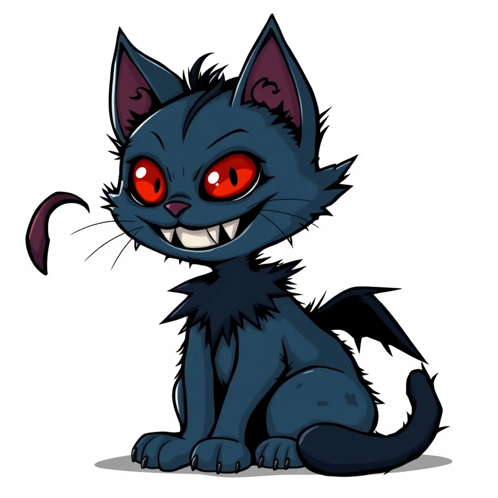 cartoon art from whimsical weird dark blue vampire cat with big head with crepy red eyes, black tail, big smile with sharp teeth, messy body hair, thin little body big paws sitting and looking devilishly, surreal crepy cute style , anime, comics, blur transparent background