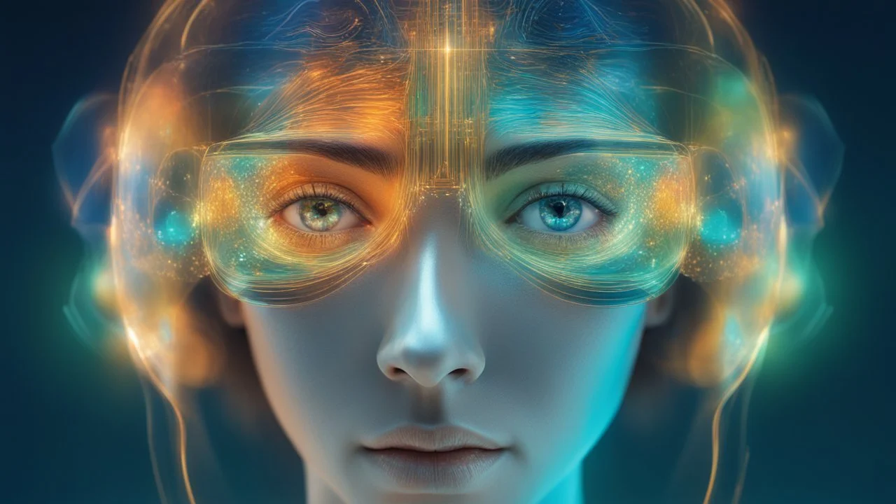 Holographic Virtual Reality Face Beauty, Double Exposure, Clear Lines, Blue, Green, Gold, Orange, 64K, High Definition, Relaxation, Luxury, Dream World, Calm Beauty, Symmetry, Fantasy World, Magic, Beautiful Composition, Exquisite Detail, Lens 135 mm