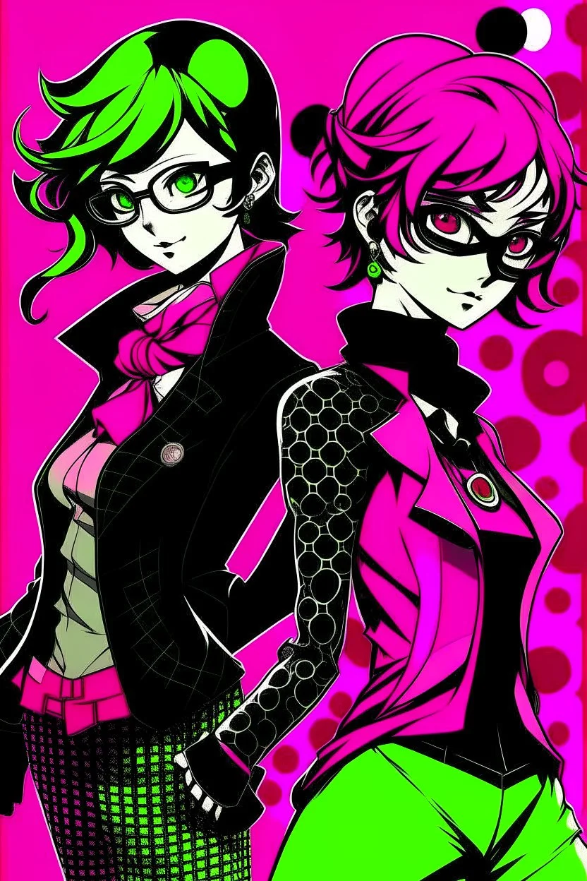 persona 5 style background and pink green character