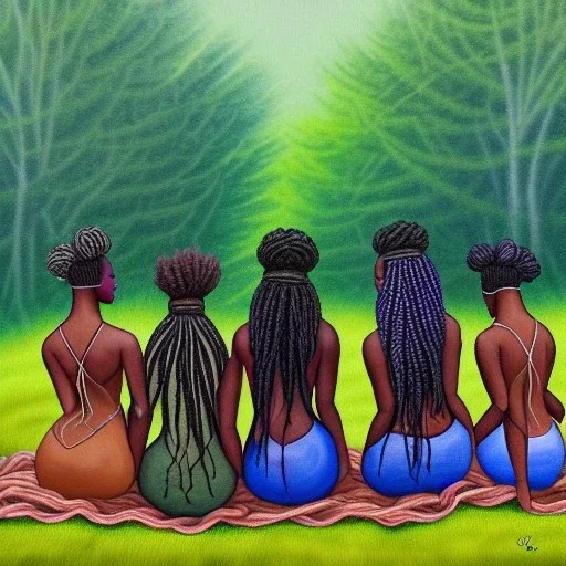 Octane rendered. .a group of women.five young black women sitting around a fire. Black Sisters. Sitting and Standing together. 4k Painting. Detailed. Fine details. the faces of 5 young black women. Young women sitting wood nymphs emerging from the forest. THeir hair looks like vines. Dreadlocs. Their skin is the colour of dark soil. their skin looks like tree bark. Their clothing is made of vines, grass and leaves.