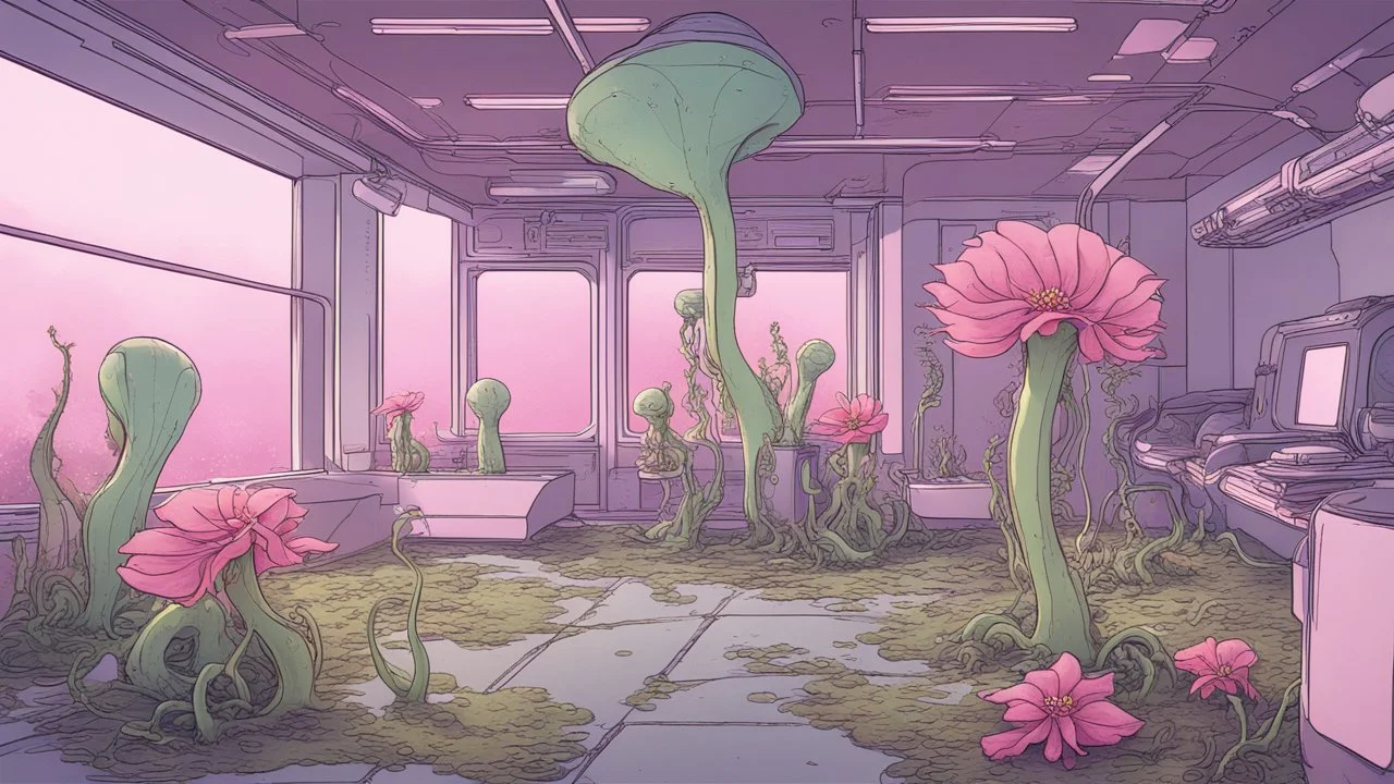 futuristic interior space with carnivorous plants and flowers, 21st Century, painted by Squidward Tentacles, Interior design --ar 16:9 --weird 1000 --chaos 25 --iw 1 --q 2