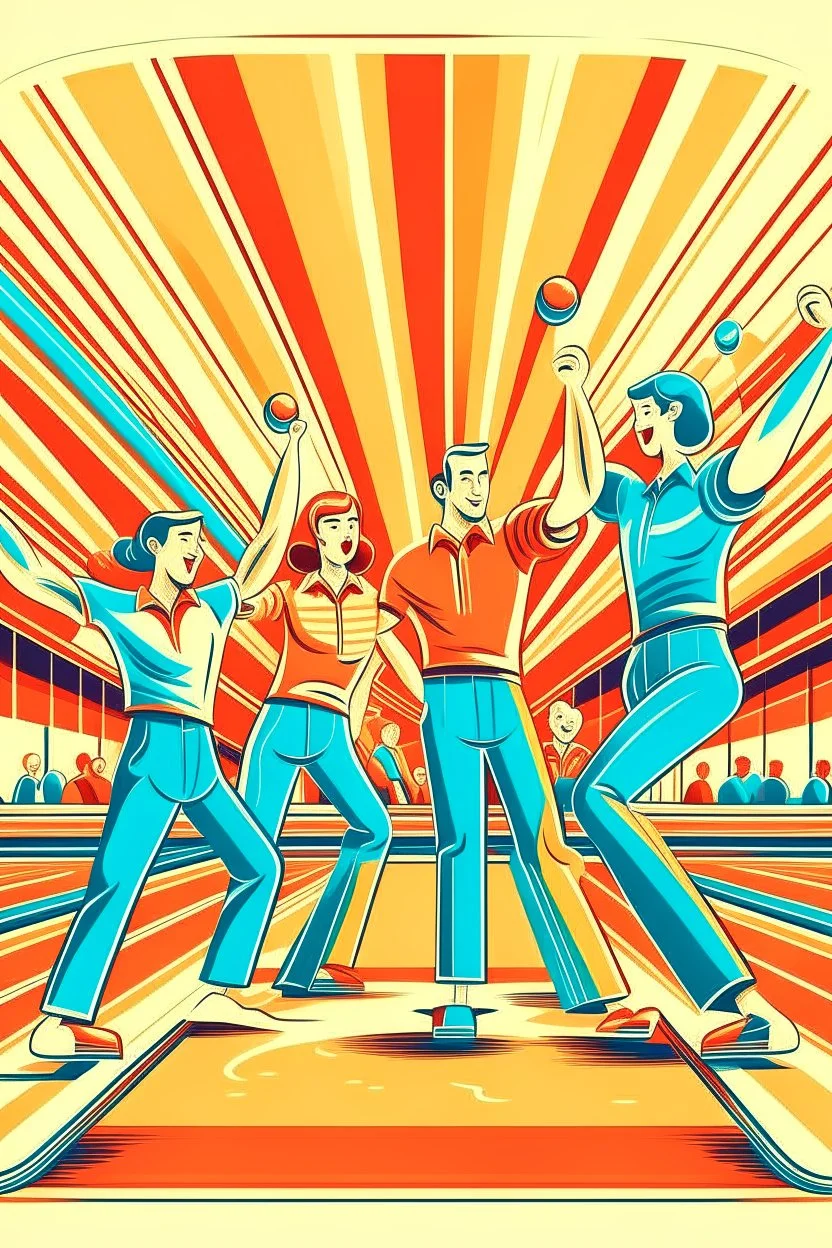 A vintage bowling alley interior with a group of friends celebrating a strike, wearing colorful bowling shirts. Style: Retro Illustration, Mood: Fun and Nostalgic, Lighting: Warm, overhead lights, T-shirt design graphic, vector, contour, white background.