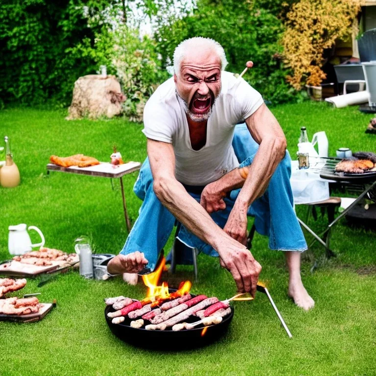 serious crazy man in his sixties in his yard, having a barbecue