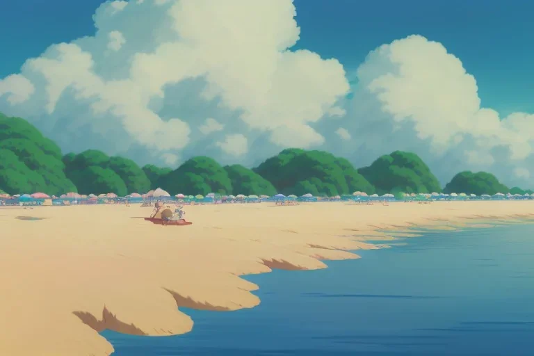 a beach, cinematic angle, studio ghibli, wes anderson, volumetric lighting, breathtaking, beautiful composition, elegant, digital art, detailed, oil painting, hyperrealistic, sharp focus, 8k