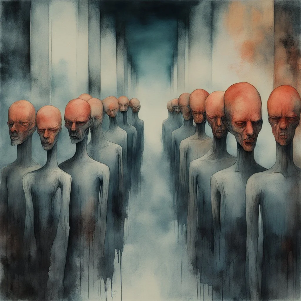 malignancy of nightmares, cool creepy colors, depicting a fear of being alone and a faceless face assembly line, Misery index, Style by Lisbeth Zwerger and Ray Johnson, surreal horror art, watercolor and ink, wet sponge effect, nightmarish, dynamic composition, dark color burn, based on the imagery of Zdzislaw Beksinski