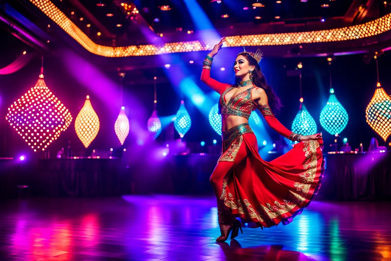 A beautiful Ozbek female dancer in national costums dancing her national dance in luxury night club with dynamic lights full body shot