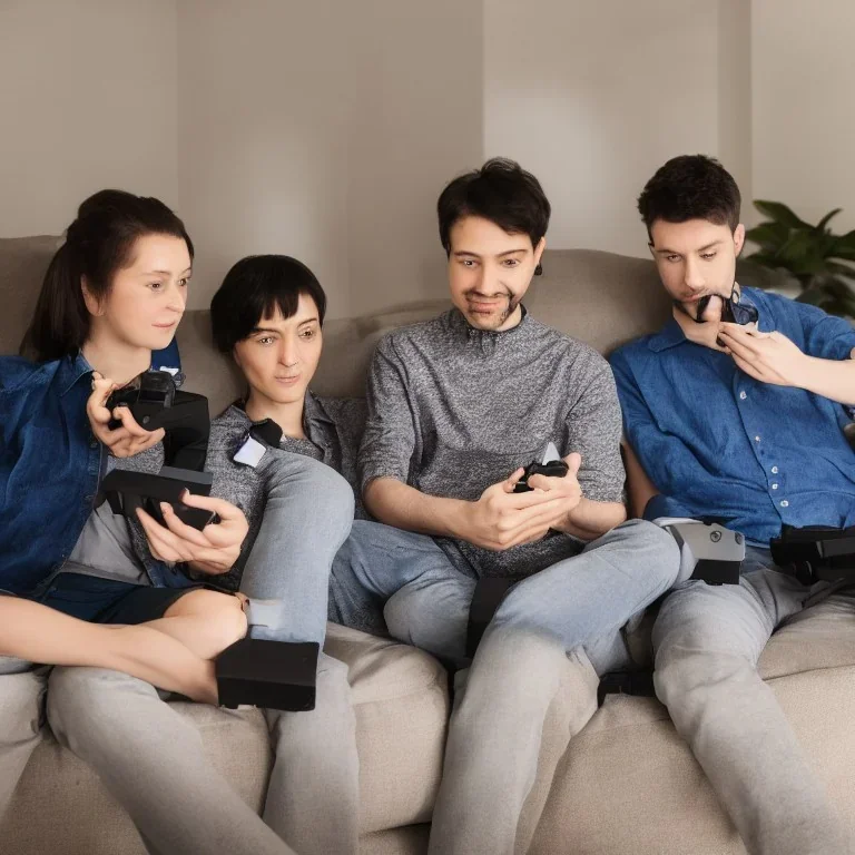 Two frogs sitting on the sofa in the living room and PS4 consoles in their hands, 4K, 8K, 16K