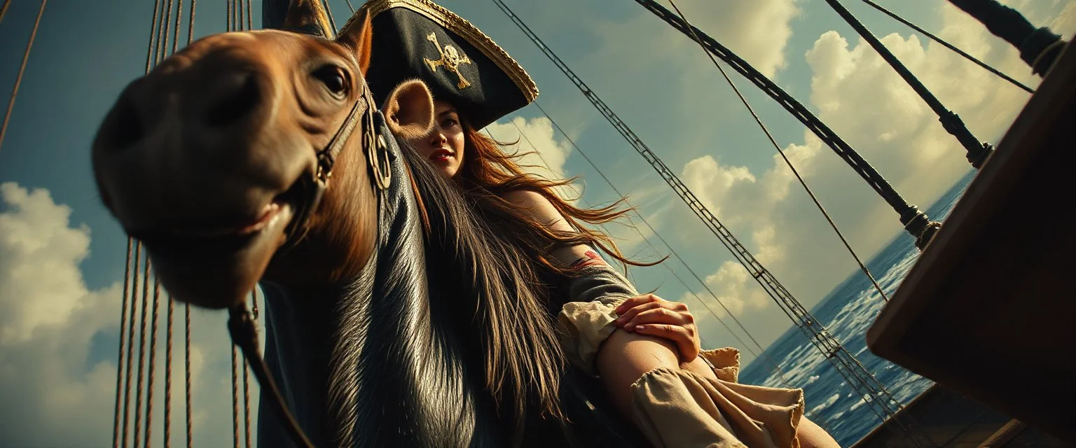 pin hole cam, master oil painting by Rembrandt, good afternoon bitch scary hot seductive pirateress merchant rat swashbuckler on stallion on ship