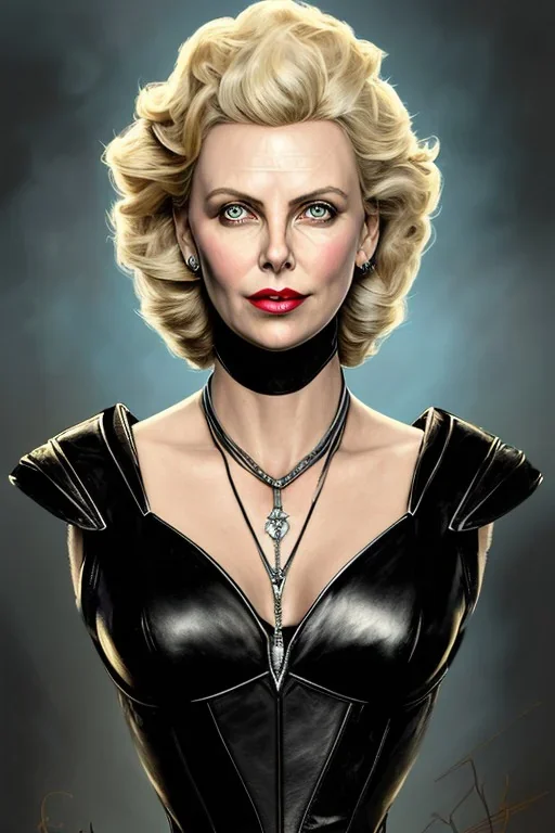 painting of charlize theron as evil queen in black leather, feminie, angry, stern look on her face, volouptous, busty, cleavage, emperious, mature, highly detailed, digital painting, artstation, concept art, smooth, sharp focus, illustration, art by gaston bussiere and alphonse mucha