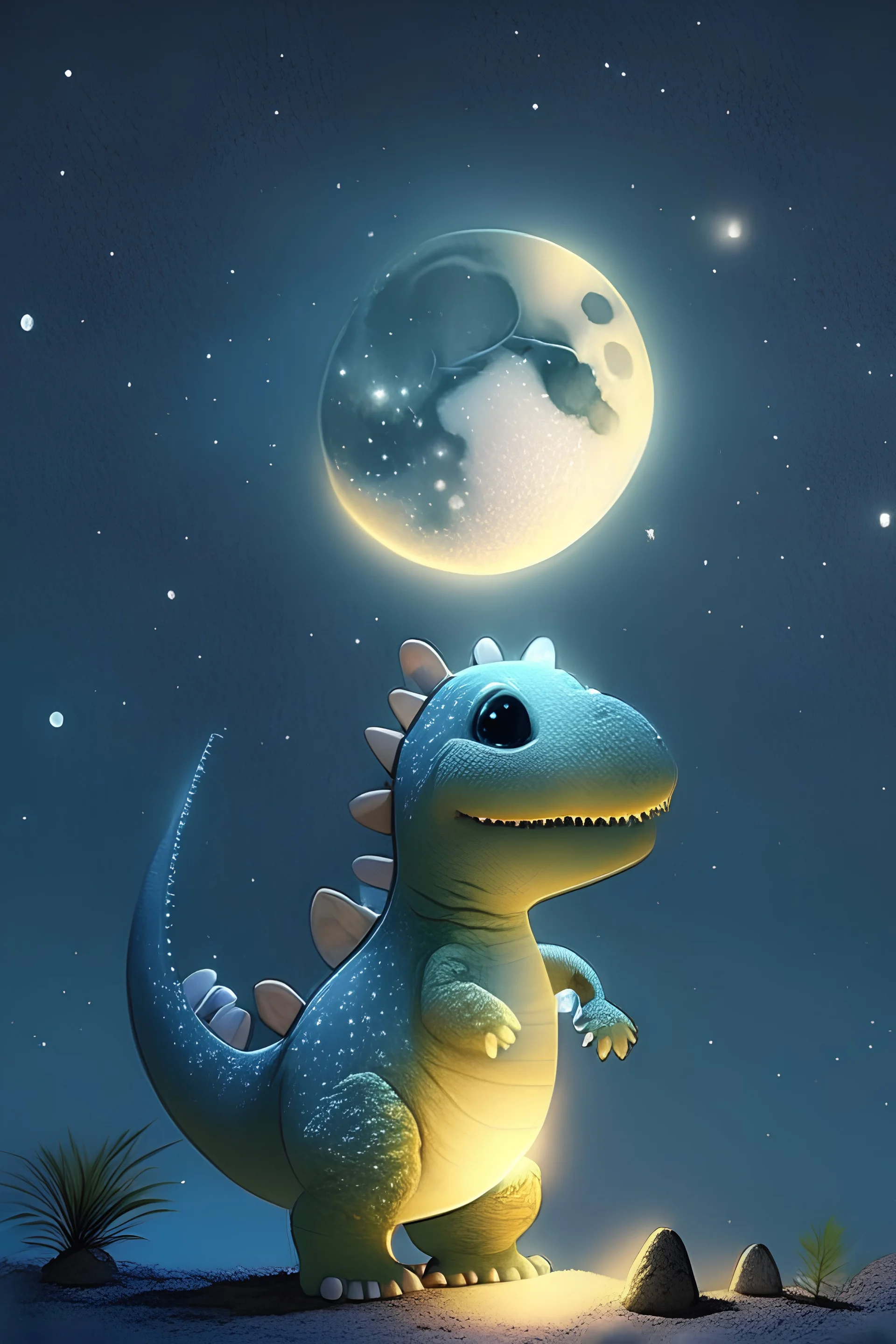 very cute little dinosaur, bright moon light, playing