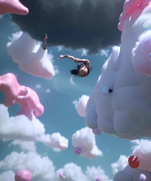 Ultra realistic clouds sky scene, wide angle, sweet childs falling down, inflatable color clothing, free jumping flying, many trinkets, monster hair, hair monster, many jelly beans, balls, smile, happy, circus style, extreme, wind, clouds sea, 20,000 feet altitude, stratosphere, soft color, highly detailed, unreal engine 5, ray tracing, RTX, lumen lighting, ultra detail, volumetric lighting, 3d, finely drawn, high definition, high resolution.