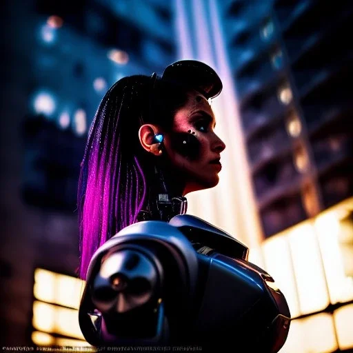 portrait,beautiful female robot, post-apocalyptic in a cyberpunk city, realistic, intriacte detail, sci-fi fantasy style, volumetric lighting, particles, highly detailed ,cinamatic , deep colours,8k, by Caravaggio