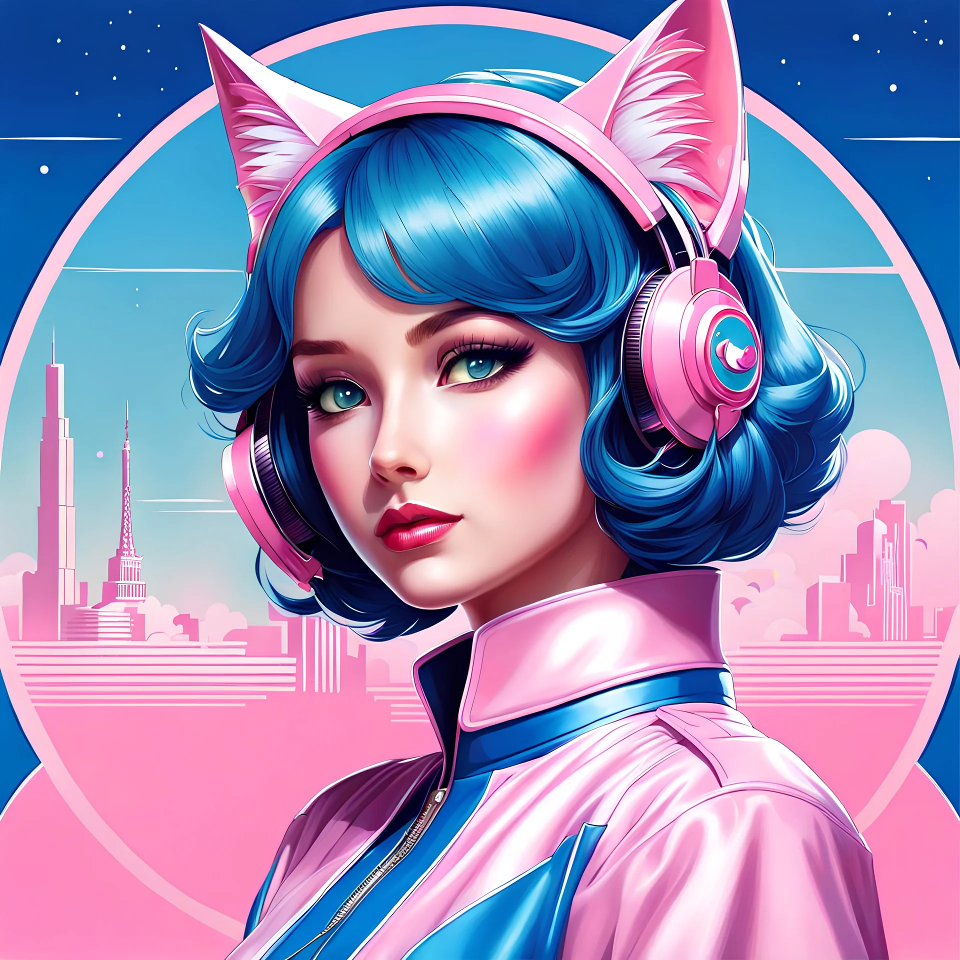 2dcg,retro art style,blue and light pink color,catgirl