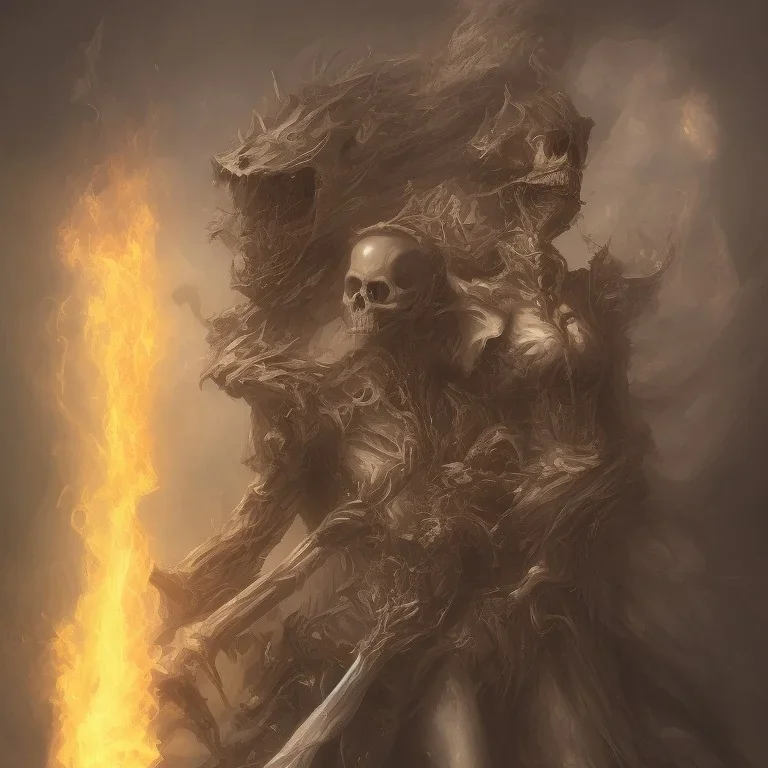 a flaming skeleton lord with a green flaming sword and a girl laying under his feet