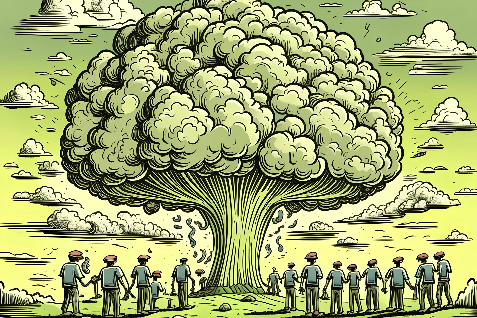 mushroom cloud growing from human brains cartoon