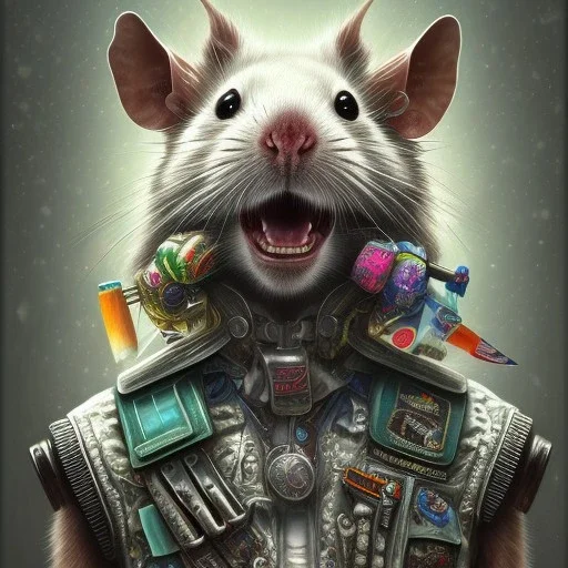  highly detailed and realistic rat gang member wearing a vest and a bandana riding a chopper, high detail, realism, vibrant colours, graffiti accents, complementary colours, splash art, perfect composition, beautiful detailed intricate insanely detailed octane render trending on artstation, 8 k artistic photography, photorealistic concept art, soft natural volumetric cinematic perfect light, chiaroscuro, award - winning photograph, masterpiece, oil on canvas, raphael, caravaggio, greg rutkowski,