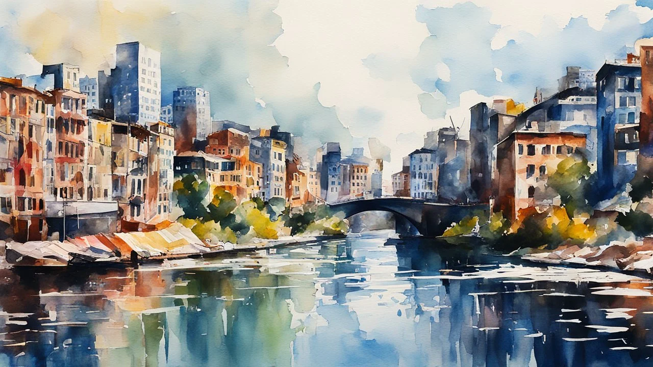 city, river, watercolor, gouache, blots, newspaper scraps, clear focus, high detail. 3d, 64k, high resolution, computer graphics, hyperrealism, f/16, 1/300 sec. digital painting, pop art,