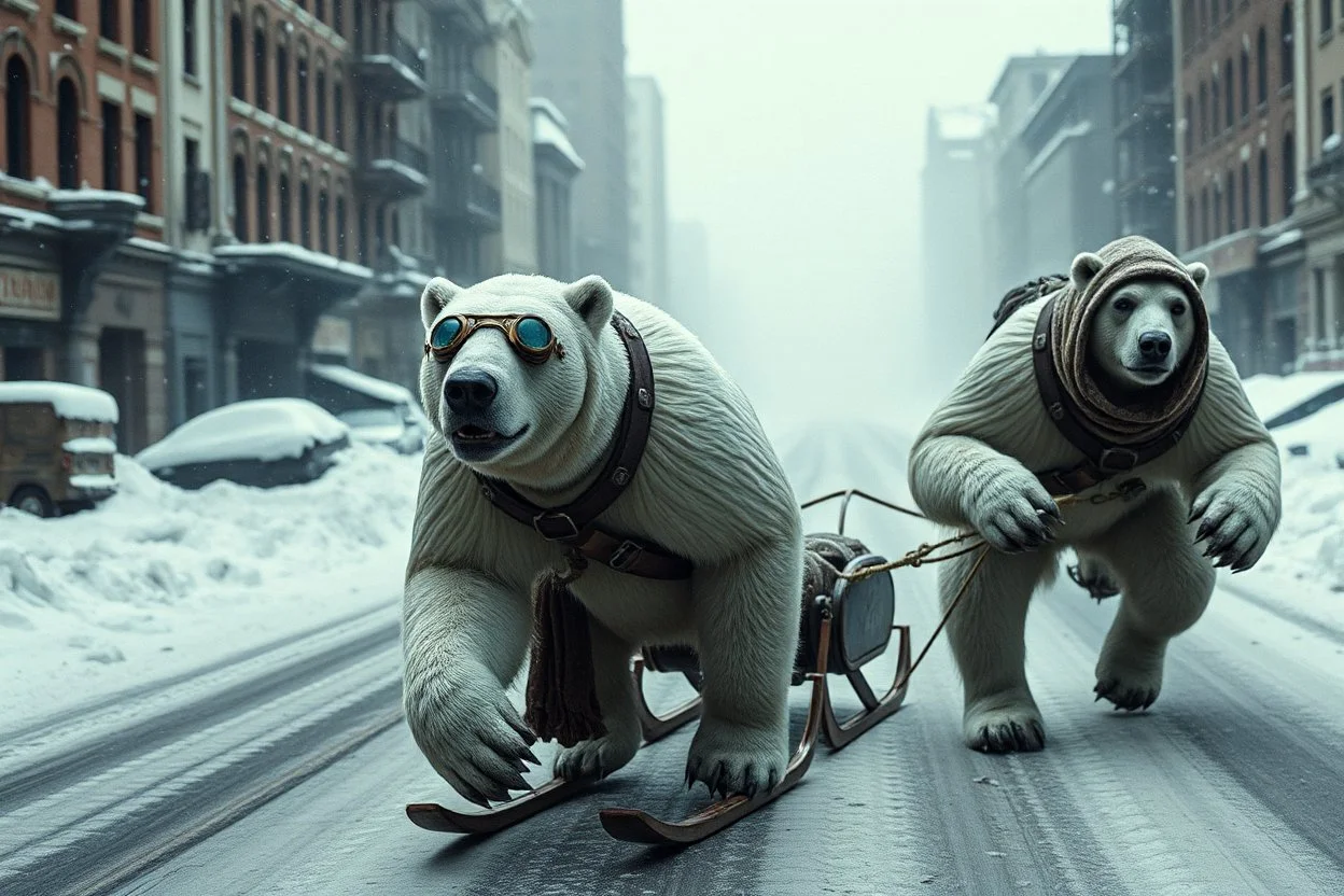 irradiated cybernetic polar bear mutant creatures in harnesses pulling a sled carrying a man dressed in steampunk snow goggles, head-wrapping, and heavy robes; middle of a street in an empty destroyed crumbling city, post-apocalyptic winter dystopia,, massive snow drifts, ice particles, dramatic