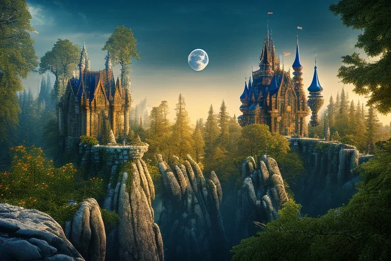 big castle stand on a rock, forest, night, moon, 8k resolution, high-quality, fine-detail, intricate, fantasy art, detailed matte, volumetric lighting, illustration, 3D